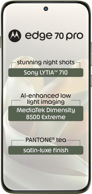Image of Motorola Edge 70 pro 5G (Satin-Luxe Pantone Tea Green, 8GB RAM, 256GB Storage) | 6.8-inch 144Hz Super AMOLED Display | Dimensity 8500 Extreme |50MP | 6500mAh, 90W Charger