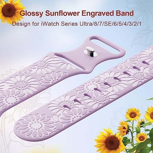 Image of Sunflower Engraved Band Compatible with Apple Watch Bands 38mm 40mm 41mm 42mm 44mm 45mm 49mm Women, Designer Soft Glossy Floral Silicone Strap for iWatch Series Ultra 11 10 9 8 7 6 SE 5 4 3 2 1