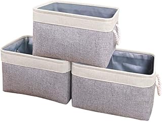 Yawinhe Foldable Storage Basket 3 Pack, Collapsible Storage Bins with Rope Handles, Wardrobe Organiser, for Sorting Clothes, Books, Toys, Family Items, 37x25x17cm, Beige/Grey, SNK004WGM