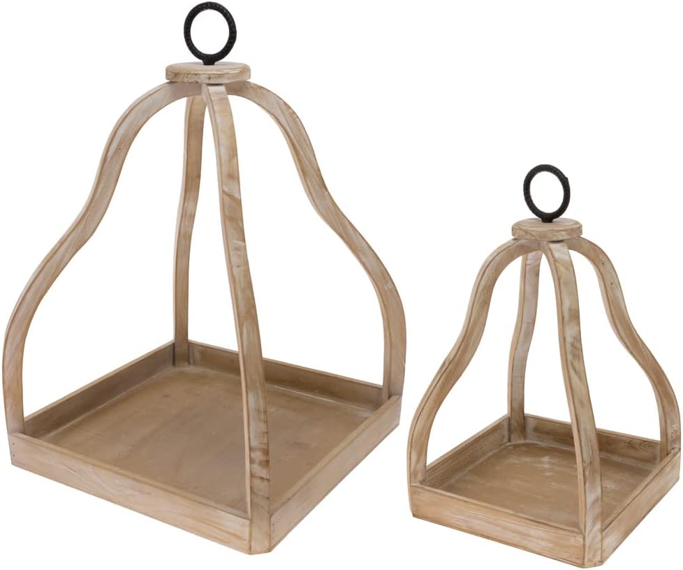 Boston International Wood & Metal Decorative Lantern/Candle Holder, Set of 2, Natural Vaulted