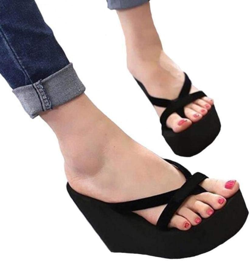 Women Slippers Fashion Summer High Heel Slippers Beach Flip Flops Slipper Wedge Platform Beach Shoes Sandals, Black