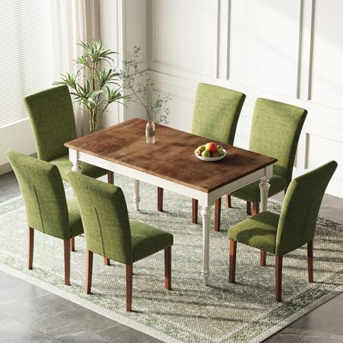 Image of Farmhouse Dining Chairs Set of 6, High Back with Wooden Legs and Nailhead Trim, Modern Fabric Dining Room Chair for Kitchen /Restaurant