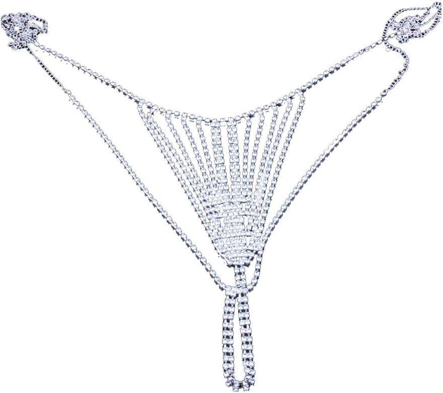 Bridal Crystal Thong Panties, Lingerie Burlesque Belly Wasit Showgirl G Stringsthongs Sexy Body Chain Jewelry (Clear, silver-plated-base)