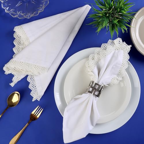 Image of FINGERCRAFT Cloth Napkins Set of 6, 20x20 Inch, 100% Cotton Table Napkins with Premium White Lace Edge, Reusable Washable Dinner Napkins for Wedding, Festive Dining, Parties & Home Decor (White)