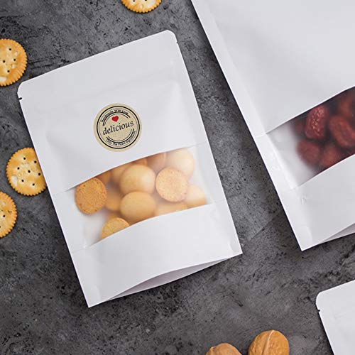 QQ Studio 5.5MIL Thick White Kraft Paper Window Stand-up Resealable QuickQlick Bag Set For Bake Sale, Gifting and Pantry Organization (5 Sizes Assortment Pack with Stickers)