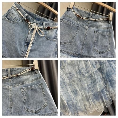 Womens Denim Patchwork Tulle Skirts High Waist A-Line Multi-Layer Elegant Summer Casual Long Skirts4