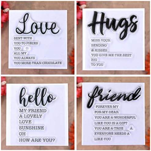 KWELLAM 4pcs/Lot Words Love Hugs hello friend Stamp Rubber Clear Stamps for Photo Album Decorative Card Making and DIY Scrapbooking