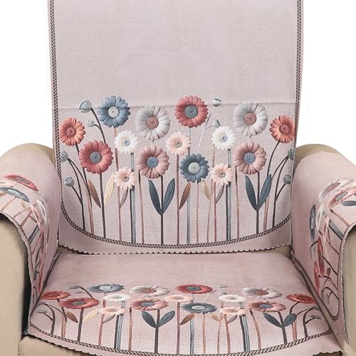 Image of Velvet 3 Seater Sofa Cover with 6 Seat and Back Covers, 2 Hand Rest Covers - Floral Daisy Print - Washable Fabric - Stylish Sofa Cover for Modern Living Room (Brown, 3 Seater With Arm Covers)