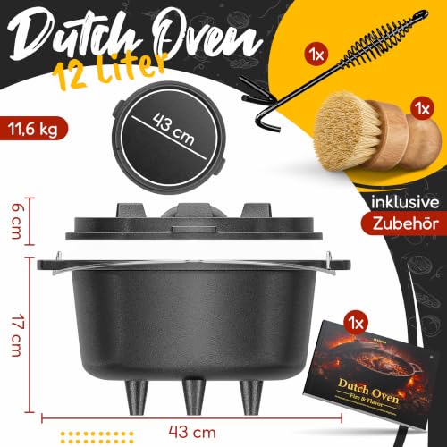Foto von aktimeo Dutch Oven 12 Liter [14-20 Personen], eingebrannter Feuertopf aus Gusseisen mit Füßen, Schmortopf mit 2in1 Wendedeckel, Grilltopf, Dutch Oven Set inkl. Rezeptbuch, Deckelheber und Bürste