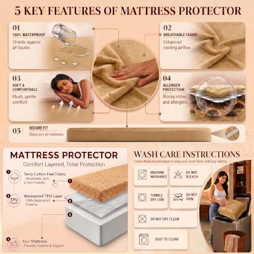 Image of Lithara Terry Cotton Fitted Mattress Protector for King Size Bed | Waterproof & Elastic Band | Ultra Soft & Hypoallergenic Mattress Cover | Size : 72 x 78 Inches (6 x 6.5 Feet) | (Beige)