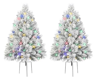 Set of 2 24.5 Inch Lighted Flocked Outdoor Christmas Tree with Multi-Color Lights, Timer, Battery Operated Pre-lit Scotch Pine Pathway Urn Filler with Pine Cones for Pathway & Porch& Yard Decorations