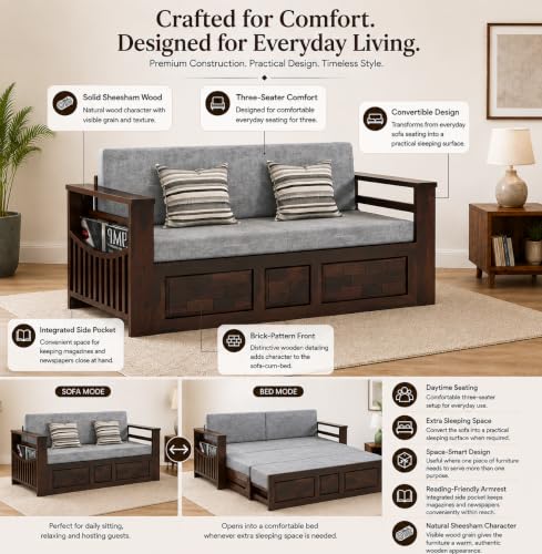 Image of Douceur Furnitures Solid Sheesham Wooden 3 Seater Sofa Cum Bed with Mattress,Cushions & Side Pockets,Wood Foldable Convertible Sofa 3 Seater Diwan Cum Bed for Living Room & Office|Walnut Finish