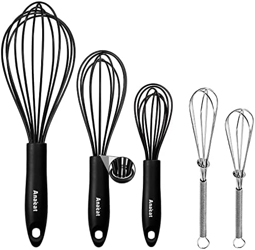 Anaeat Kitchen Whisk Set of 5, Perfect for Non-Stick Cookware, Egg Beater Milk ​Blender for Whisking, Cooking, Baking – 5″+7″ Mini Wire Whisk and 8.5”+10.5”+12” Silicone Balloon Whisks (Black)
