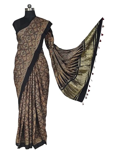 Image of Ethnics of Kutch Womens Ajrakh Modal Silk Natural Dye Golden Border Hand Block Print Saree with Blouse Piece - 5.5 Mtr Length (Black 05C01E)