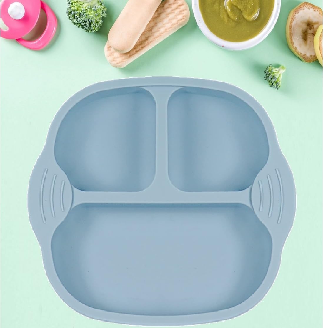NAIDEV® Plate for Baby with Suction Non Toxic Silicone Toddler Plates with Deep Divided for Kids to Feed Themselves, Dish Washer & Micro-Wave Oven Safe.Foodgrade (Blue 1)