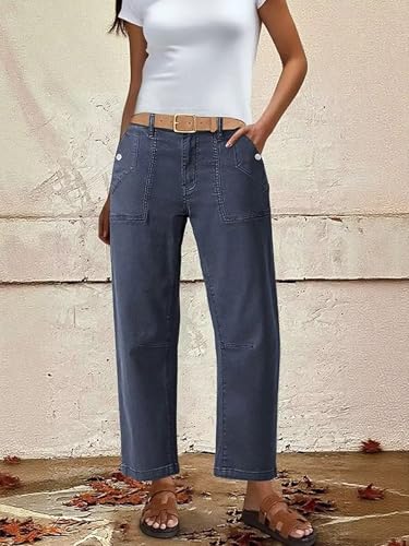 Flamingals Straight Mid Waist Barrel Pants Casual Button Fly Cropped Pants for Women3