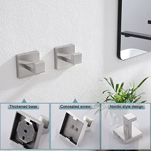 Image of KOKOSIRI Bath Towel Hook Wall Mount Square Robe Hook Coat Hook, Bathroom Kitchen Garage Heavy Duty Wall Mounted, SUS 304 Stainless Steel, Brushed Nickel, B1010BR-P2