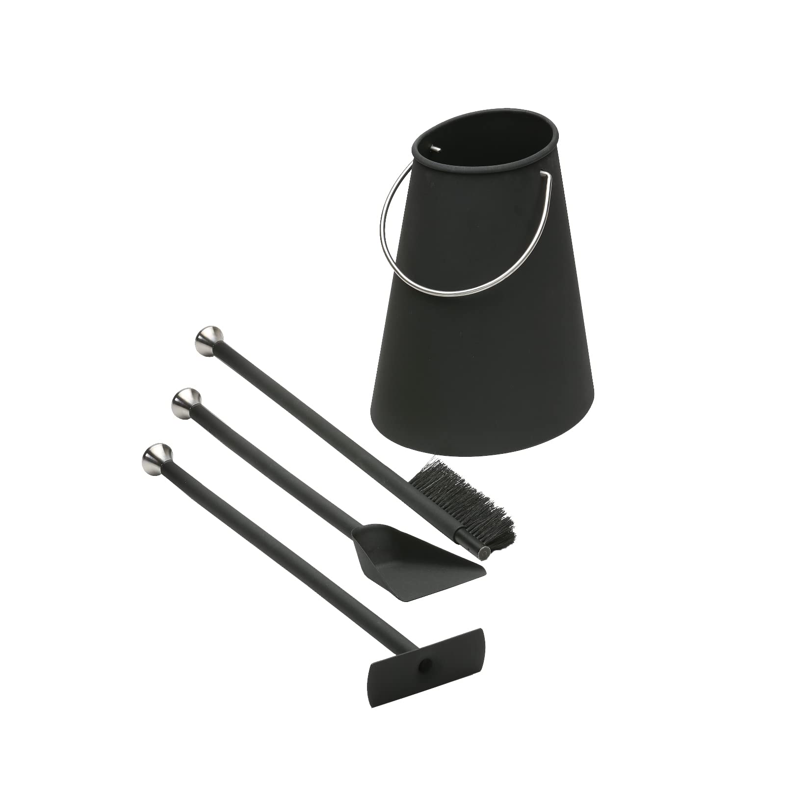 Morsø Ellipse Kaminbesteck – hochwertige Designer-Kamingarnitur, 4-teiliges Kamin Set mit Schaufel, Besen und Feuerhaken/Blasrohr & Eimer, schwarz