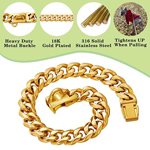 Stainless Steel Silver Gold Dog Collars With Safety Buckle Lock,18K Cuban Link Chain Training Collar,15Mm Strong Dog Necklace Heavy Duty Chew Proof For Small Medium Large Dog #TOP1