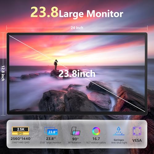 Image of 23.8 inch 2.5K Monitor, QHD 1440P 180Hz Portable Monitor, 178 IPS Laptop Screen Extender with Rotating Adjustable Stand /VESA, USB-C /Type-C /USB-A /HDMI for Laptop Mac PC Windows.