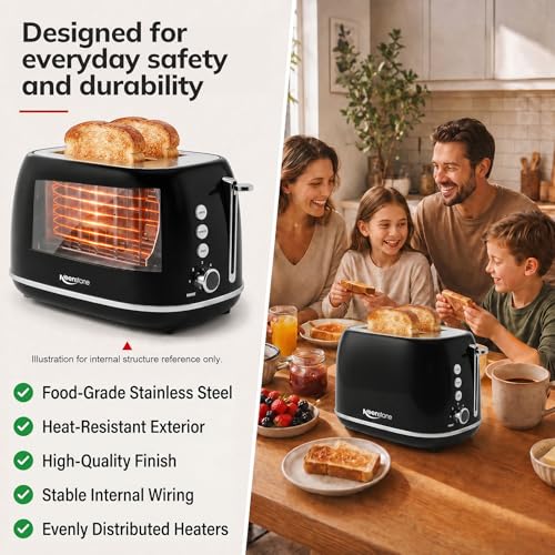 Image of 2 Slice Retro Stainless Steel Toaster with Bagel, Cancel, Defrost Function and 6 Bread Shade Settings Bread Toaster, Extra Wide Slot and Removable Crumb Tray (Black)