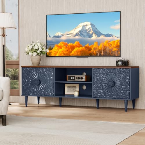 61” Vintage TV Stand for TVs up to 70 inch, Blue TV Cabinet for Living Room