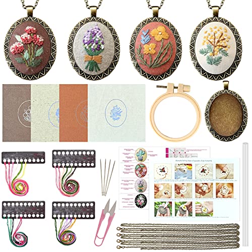 Image of ZOCONE 4 Packs Embroidery Necklace Kits, Embroidery Pendant Kit Mini Cross Stitch Kit with 4 Hoops, Necklace, Pendant, Stamped Pattern Cloth, Instructions, etc., Embroidery Kits for Adults