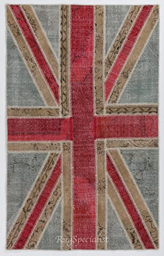 Modern Patchwork Rug with Union Jack, Wool & Cotton, D598