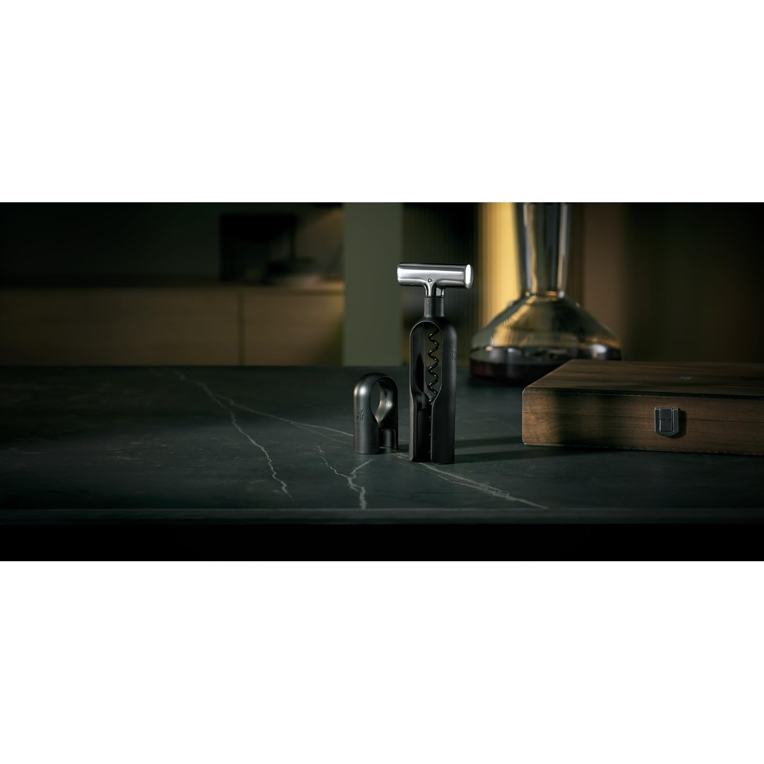 WMF Baric Wine Sommelier Set 3-Piece Corkscrew Set, Wine Accessories, Foil Cutter, Bottle Stopper, in Walnut Wood Box, Black