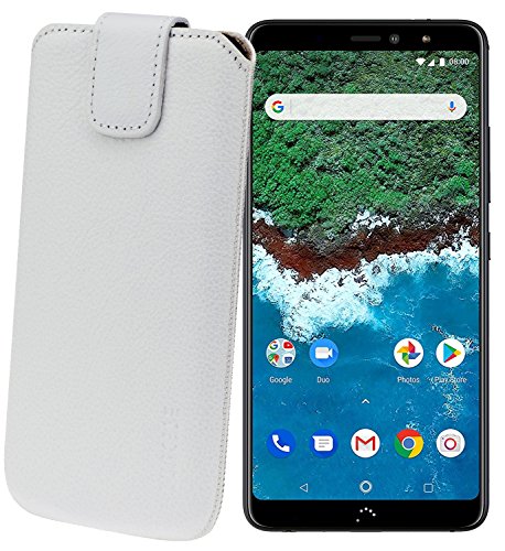Suncase Original Etui Tasche für BQ Aquaris X2 Pro | BQ Aquaris X2 *Lasche mit Rückzugfunktion* Handytasche Ledertasche Schutzhülle Hülle Hülle in vollnarbig-Weiss