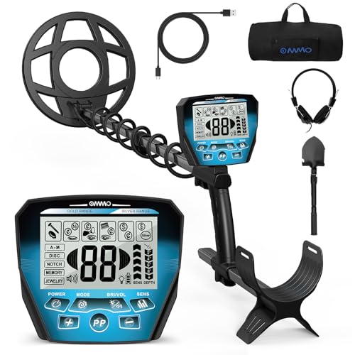 OMMO Detector de Metales Profesional para Adultos y Niños, Detectores de Metales Recargable por USB, 6 Modos, Alta Precisión, Bobina Impermeable IP68, Metal Detector con Pala, Azul