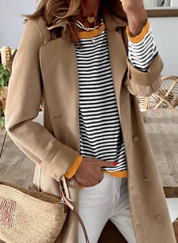 Image of Womens Striped Lightweight Cotton Sweaters Long Sleeve Crew Neck Color Block Casual Knitted Pullover Tops