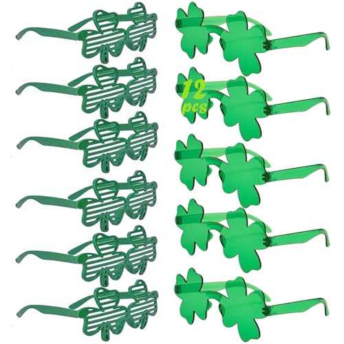 mogenda 12 Pcs St. Patricks Day Green Glasses Set, 6Pcs Shamrock Shutter & 6Pcs Four Leaf Clover Sunglasses, St. Patrick's Day Accessories Party Favor for Men Women, Irish Photo Props(Glasses,1set)