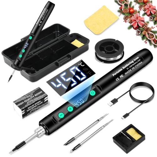 VOKTTA Rechargeable Soldering Iron Set with Stand, Portable Cordless Soldering Iron with LCD, Adjustable Temperature 180-450°C, 3 Soldering Tips, for Repairing Circuit Board, Welding Repair - Black