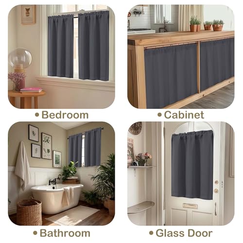 Image of Charcoal Grey Blackout Curtains for Small Window Treatment, Light Blocking Short Kitchen Window Curtains Over Sink, Dual Rod Pocket Half Window Tiers for Bathroom Basement, Each 40 inchWx36 inchL, 2 PCS