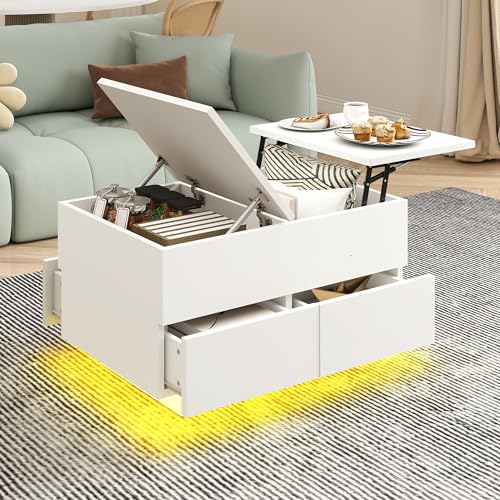 YITAHOME Table Basse Relevable Multifonctionnelle, Table de Salon à LED, avec éclairage LED et Rangement caché, idéale pour Le Salon, 80x55x46 cm, Blanc
