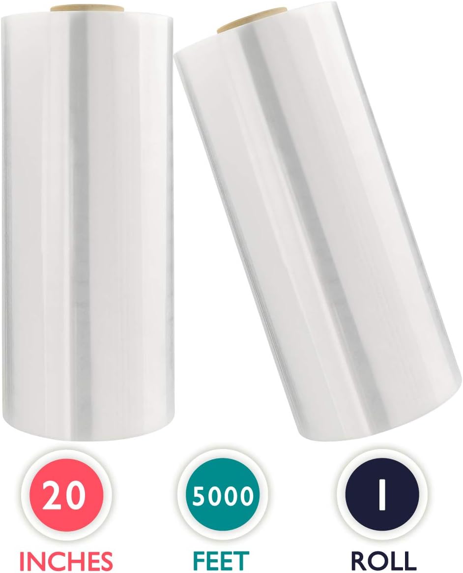 20" x 5000 Ft Machine Stretch Wrap, 63 Gauge Industrial Strength Pallet Wrap, Clear 1 Roll