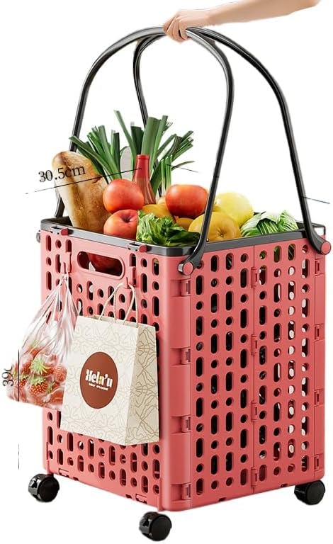 Multifunctional folding shopping basket with wheels, portable shopping cart, practical trolley, shelf basket (PINK,L)