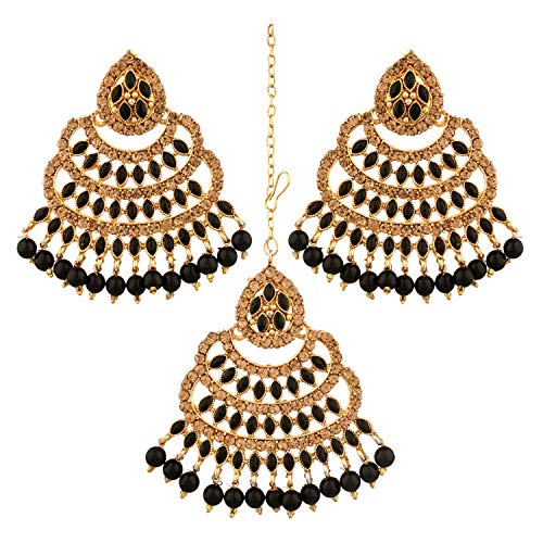 Efulgenz Indian Maang Tikka Earrings Set Bollywood Crystal Rhinestone Head Chain Dangle Jhumka Earrings Jewelry Set