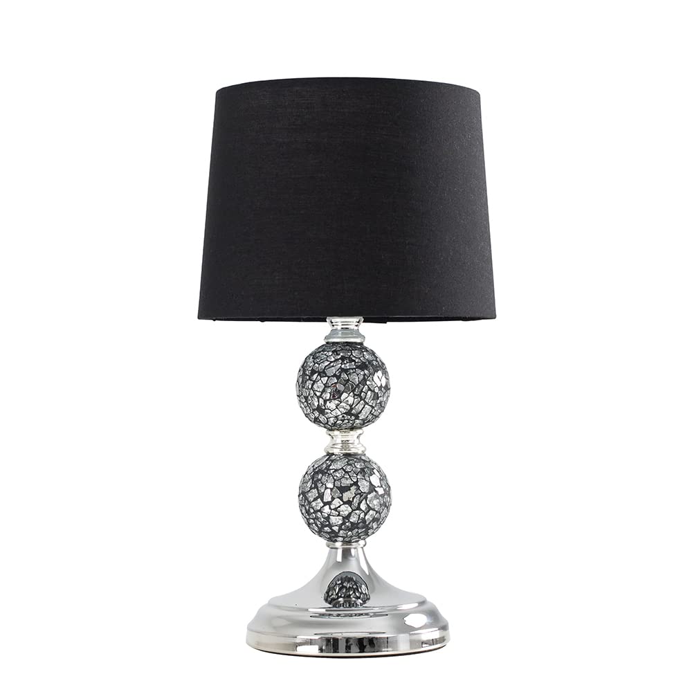 MiniSun | Modern Decorative Chrome and Mosaic Crackle Glass Table Lamp with a Black Shade | Table Lamps, Home Décor & Improvement Essential | Includes 4W LED E14 Light Bulb