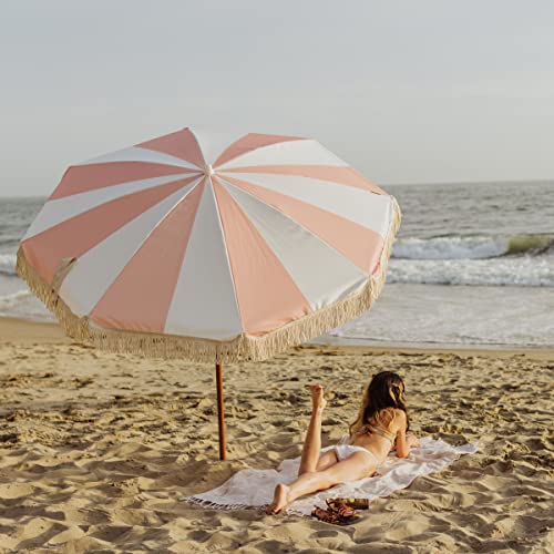 BEACH STATE Summerland 6.5ft Beach Umbrella with Fringe, UV 50+ Patio Umbrella with Titlting Pole, Holiday Tassel Umbrella with Carry Bag, (Pink Salt Stripe) by BEACH STATE - Image 2