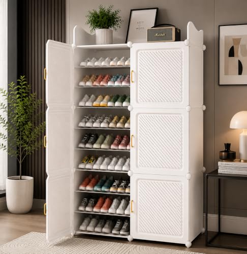 Image of Plastic Shoe Rack for Home with Door | 18-Shelf DIY Shoe Cabinet Organiser | Stores 36 Pairs | Foldable & Waterproof Shoe Stand for Entryway, Bedroom (White-HV1, 18-Layer)