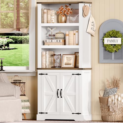 Image of TEENFON 70.9in Tall Storage Cabinet with Adjustable Shelves, Kitchen Pantry Cabinet with 2 Barn Doors, 5 Tiers Farmhouse Bookcase for Living Room, Kitchen, Home Office, Bedroom, White