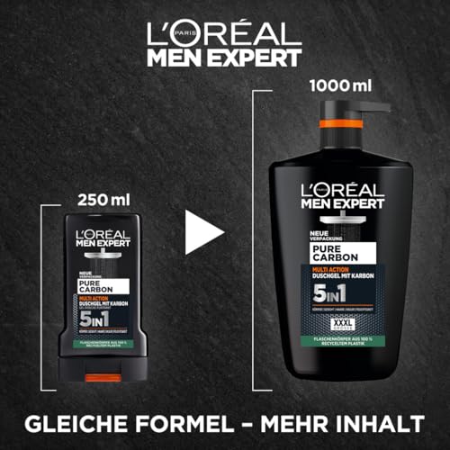 L'Oréal Men Expert XXXL 5-in-1 Shower Gel and Shampoo for Men, Shower Bath for Cleansing Body, Hair and Face, Men's Body Care for Long-Lasting Freshness with Carbon, Pure Carbon, 1 x 1000 ml