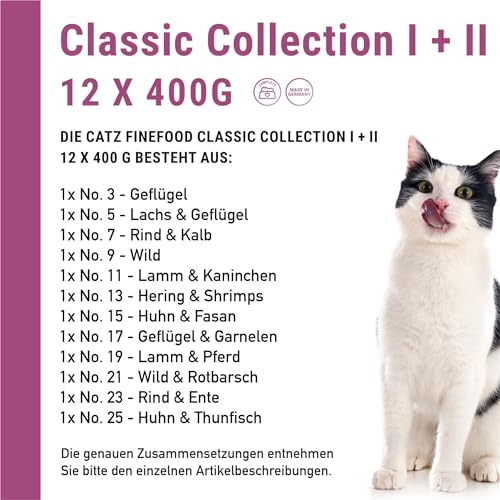 catz finefood Classic Collection Katzenfutter nass XXL Mix-Paket - Gourmet Nassfutter für Ihre Katze ohne Zucker & Getreide, glutenfrei - mit hohem Fleischanteil, Made in Germany (12 x 400g Dosen)