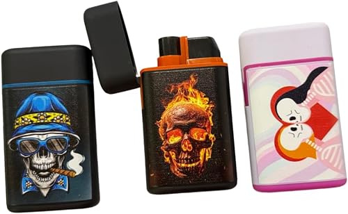 Set of 3 Refillable Lighter with Electric Spark, Protective Flip Cap, Skull Printed Design, Slip Guard Finish, 81.8MM