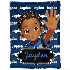 Personalized Cartoon Little Black Boy Throw Blanket with Name, Custom Name Blanket for Bed Home Room Decor, Birthday for Kids