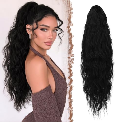 FESHFEN Coleta Pelo Natural con Cordón Cola Postiza Largo Negro Ondulado Rizado Sintética Extensiones Coleta para Mujeres 65 cm