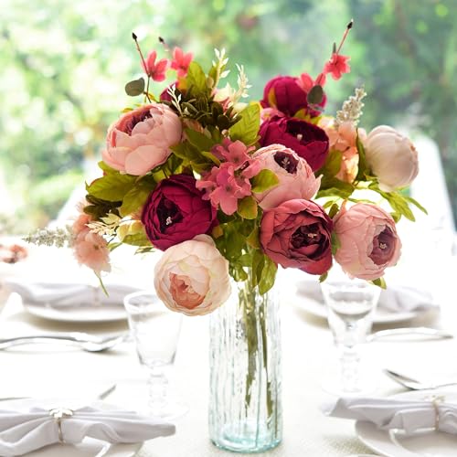 Image of FiveSeasonStuff Pinkish Red and Dusty Pink Vintage Artificial Peonies Silk Flowers and Hydrangeas for Wedding Bridal Home Decor - Beautiful Floral Centerpiece Bouquet (Passion Blush)