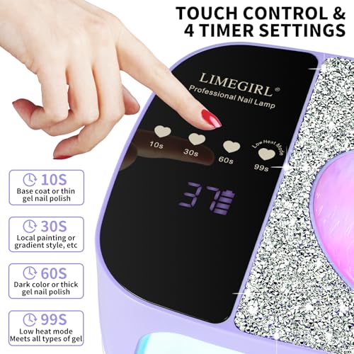 Image of LIMEGIRL UV LED Nail Lamp Kit for Gel Polish Professional Fast Curing Purple Dryer Light Set with 4 Timer Settings Cordless Rechargeable Nail Art Cure Machine for Manicure Pedicure at Home and Salon